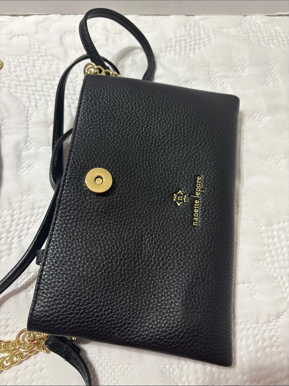 Nanette Lepore Black Pebbled Leather Crossbody with Gold Hardware